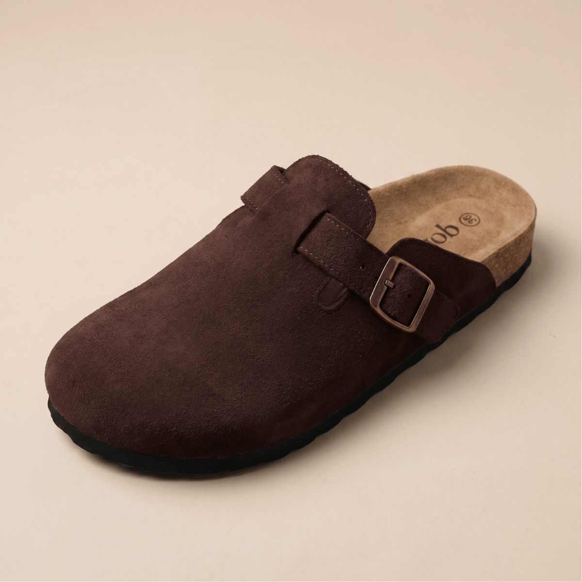 Suede Buckle Strap Closed Toe Clog Mules