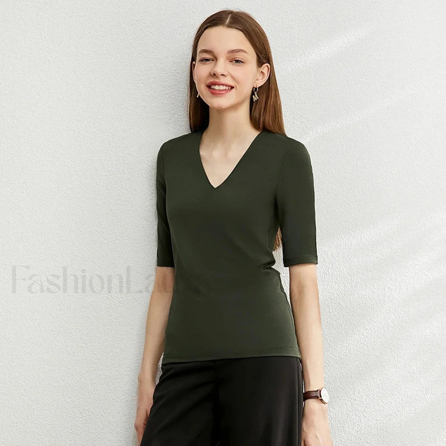 Modal Slim V Neck T Shirt blackish green / S