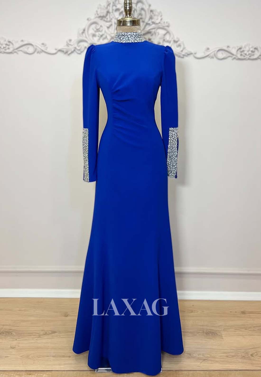 Beaded High-Neck Long-Sleeves Fitted Evening Dress Pleated Satin Floor-Length Formal Gowns