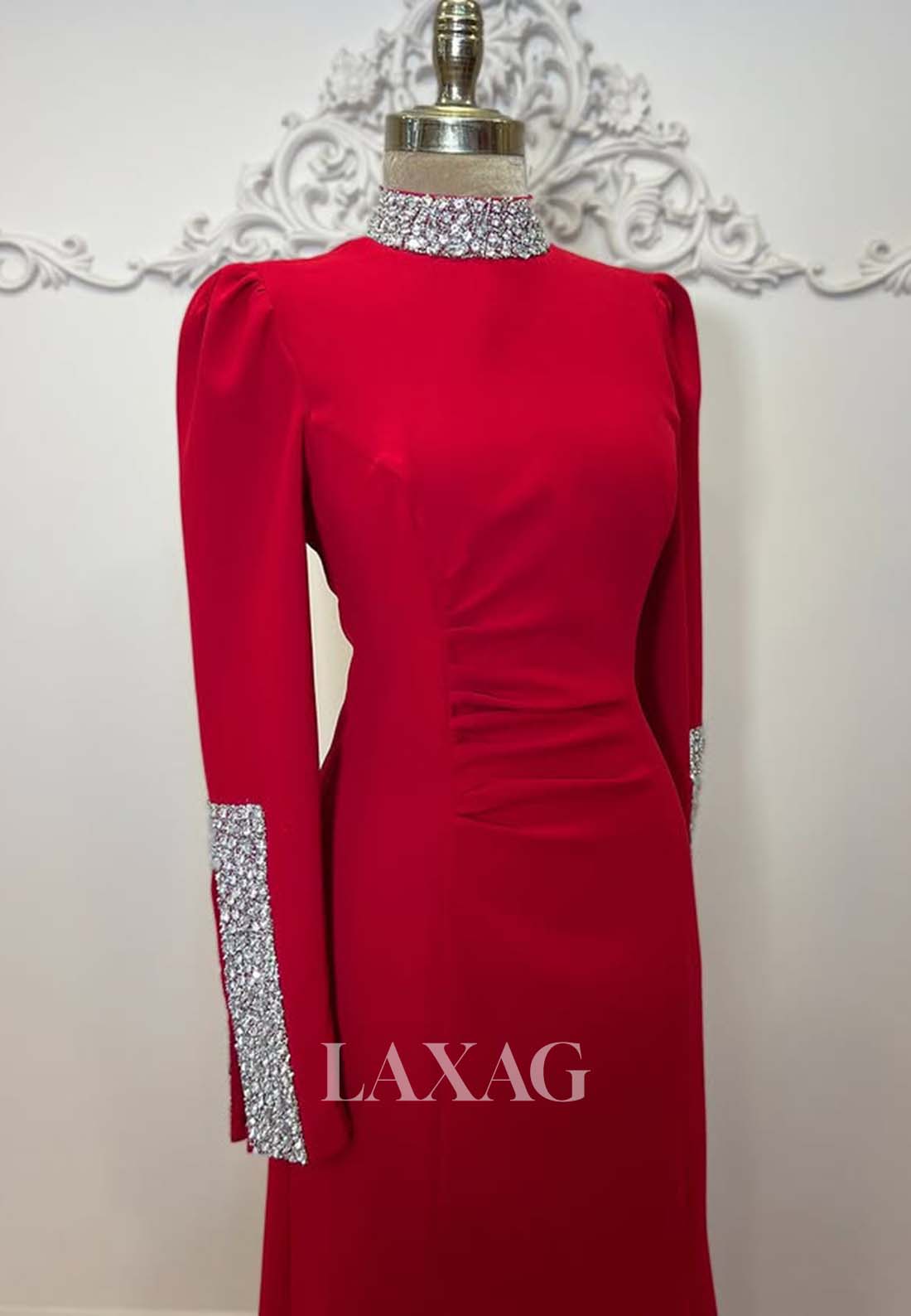 Beaded High-Neck Long-Sleeves Fitted Evening Dress Pleated Satin Floor-Length Formal Gowns