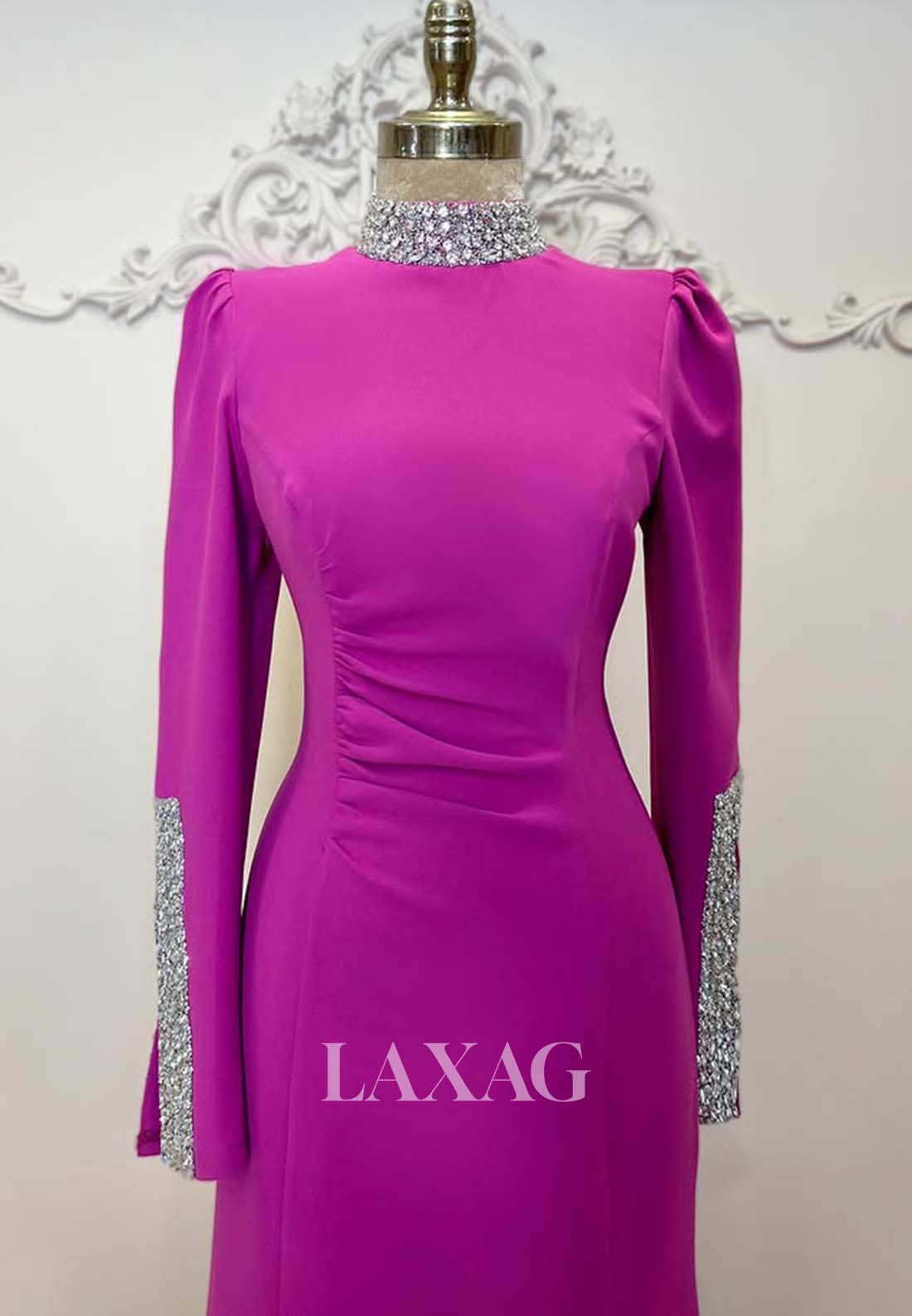 Beaded High-Neck Long-Sleeves Fitted Evening Dress Pleated Satin Floor-Length Formal Gowns