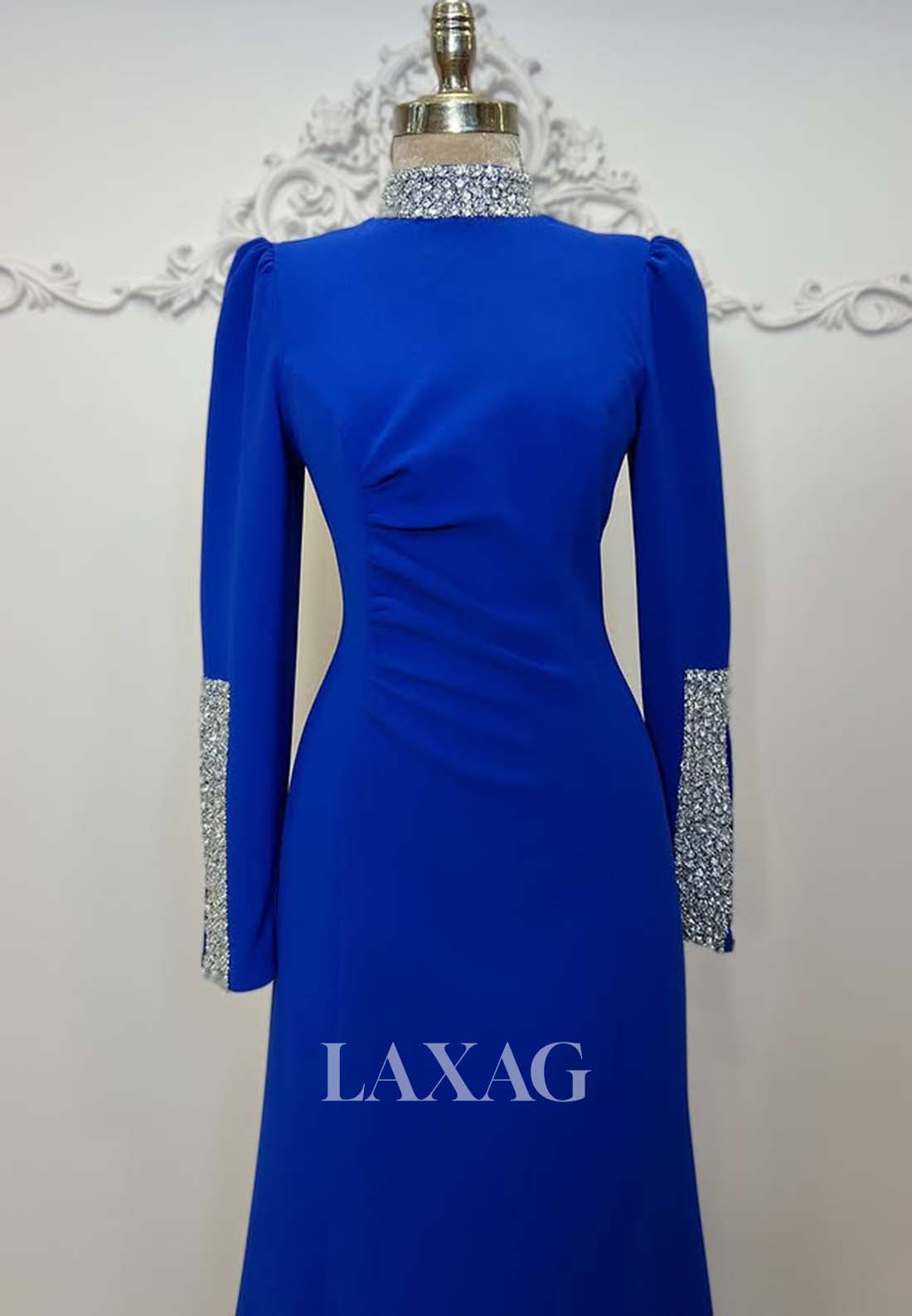 Beaded High-Neck Long-Sleeves Fitted Evening Dress Pleated Satin Floor-Length Formal Gowns