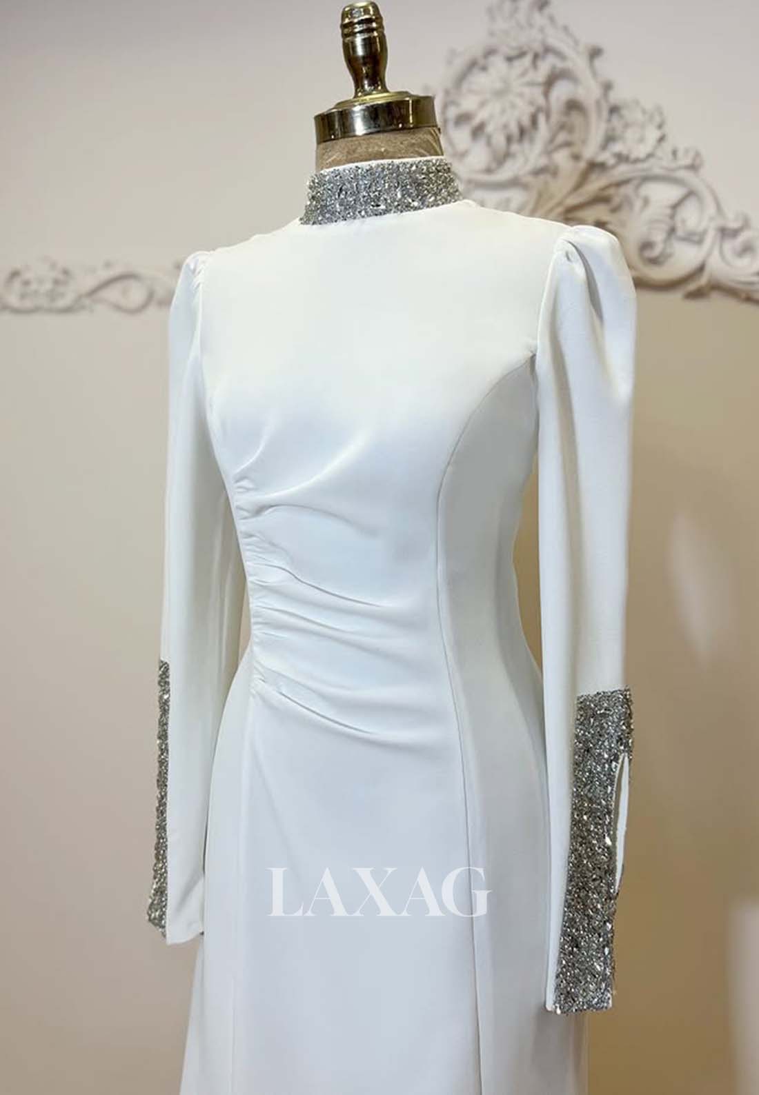 Beaded High-Neck Long-Sleeves Fitted Evening Dress Pleated Satin Floor-Length Formal Gowns