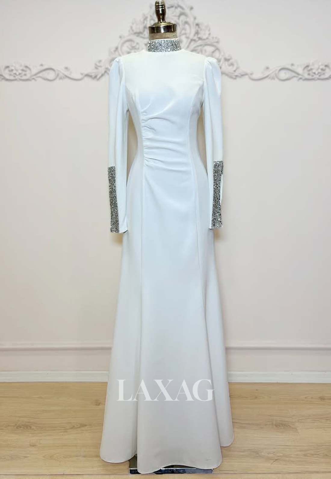 Beaded High-Neck Long-Sleeves Fitted Evening Dress Pleated Satin Floor-Length Formal Gowns