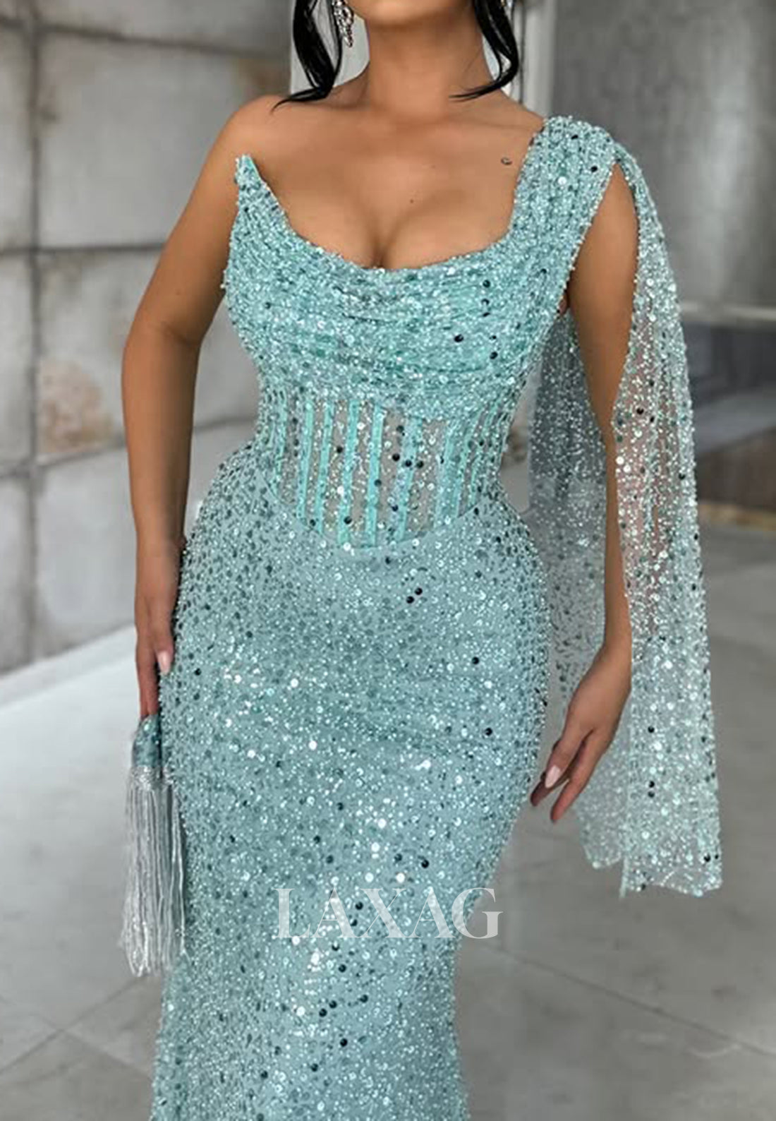 Scoop-Neck One-Strap Pleated Mermaid Prom Dress Fully Sequined Beaded Formal Gowns with Sweep Train