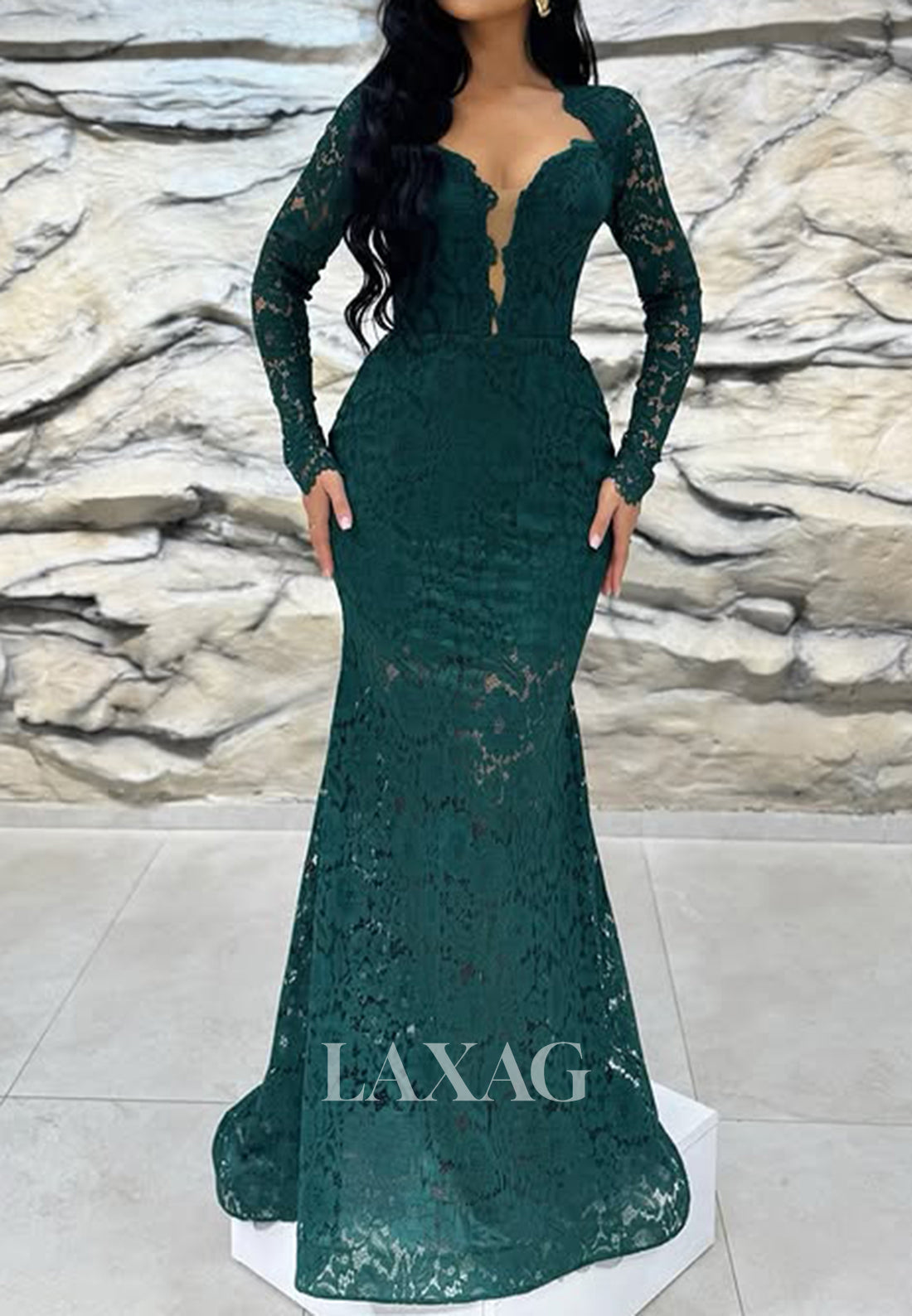 Deep V-Neck Long Sleeves Formal Gowns Allover Lace Pleated Sheer Mermaid Prom Dress