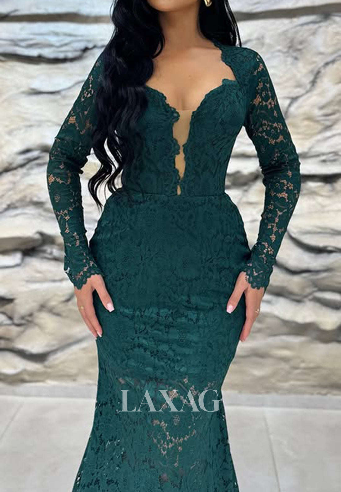 Deep V-Neck Long Sleeves Formal Gowns Allover Lace Pleated Sheer Mermaid Prom Dress