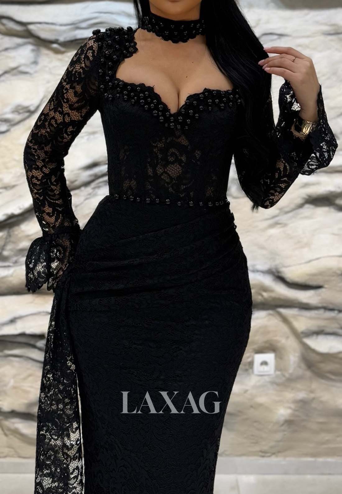 Sweetheart Long-Sleeves Pleated Mermaid Prom Dress Allover Lace Beaded Floor-Length Formal Gowns