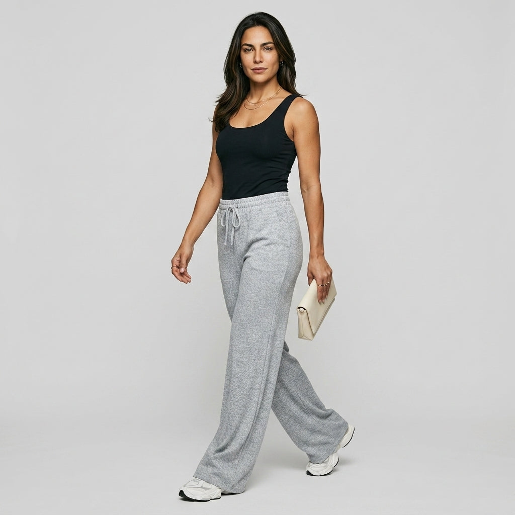 Wide Leg Pants Elastic Waist Polyester Elastane