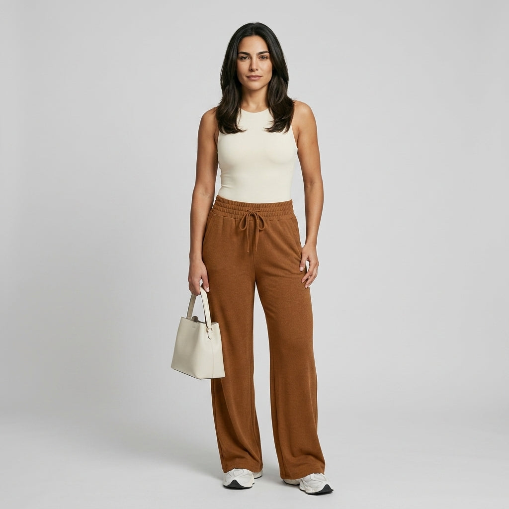 Wide Leg Pants Elastic Waist Polyester Elastane - Jamota