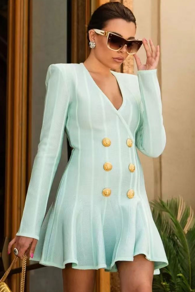 Modern Shoulder Pad Long Sleeve Ruffle Bandage Mini Dress - Lake Green 2