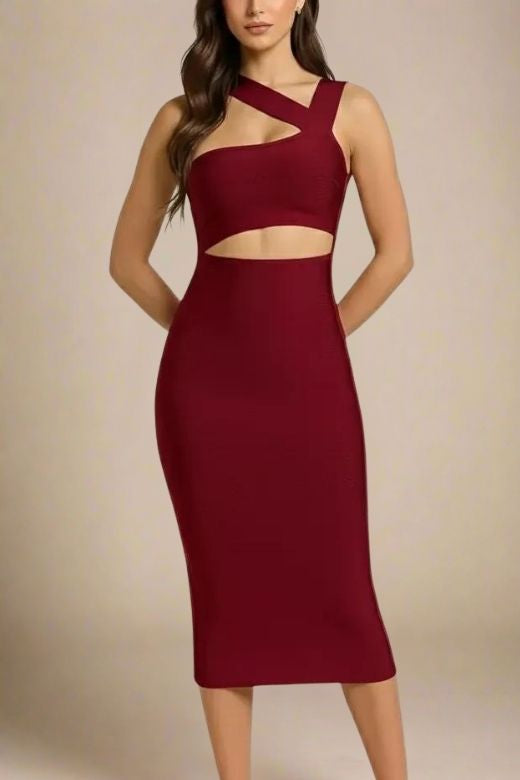 Woman wearing a figure flattering Molly Bandage Midi Dress - Red Wine BODYCON COLLECTION