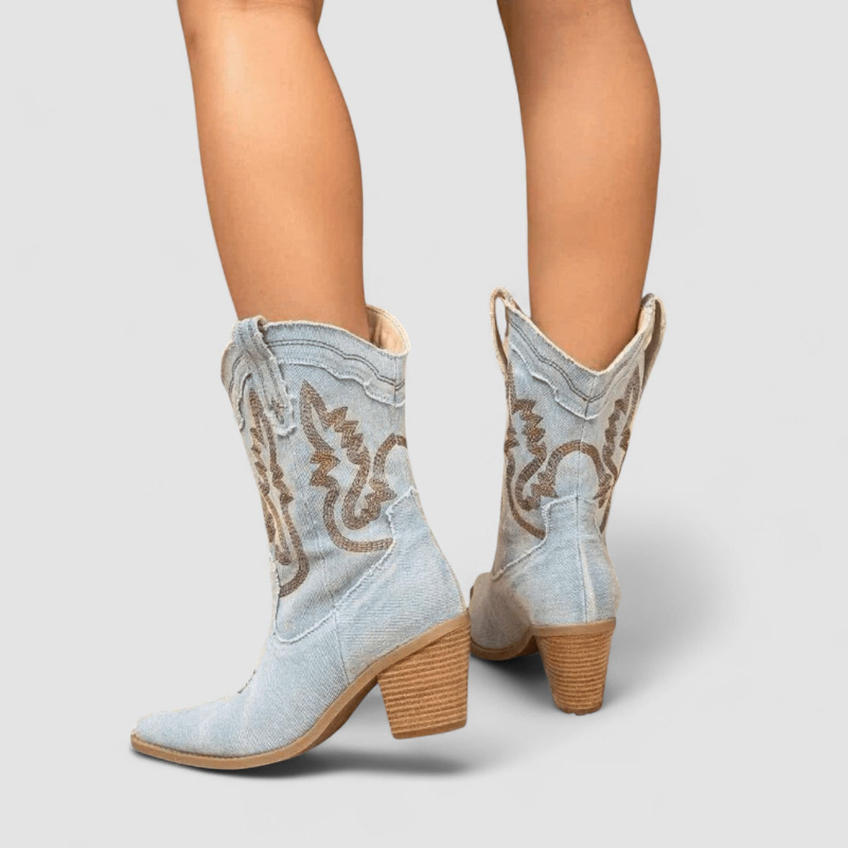 Embroidered Denim Pointed Toe Western Ankle Boots