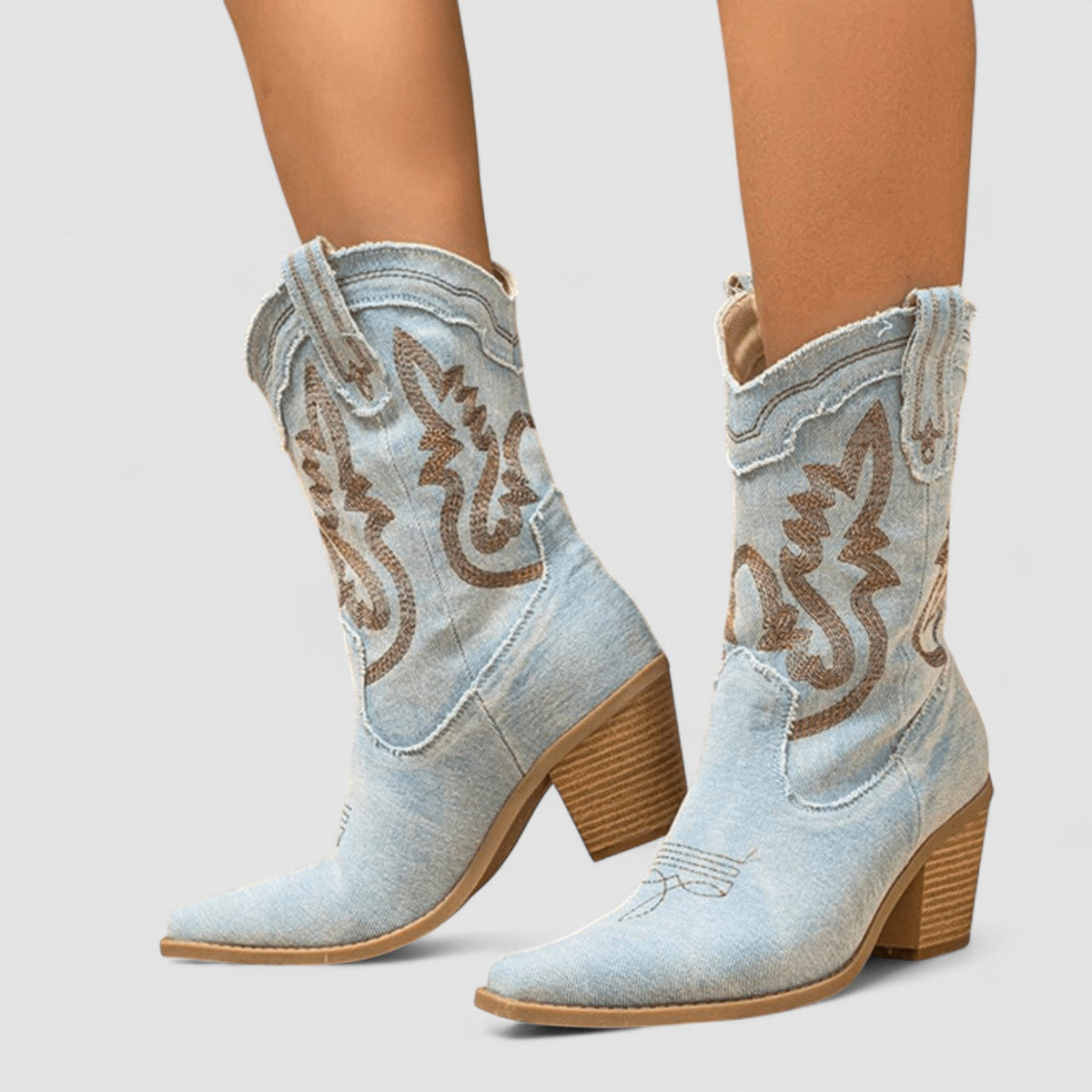 Embroidered Denim Pointed Toe Western Ankle Boots