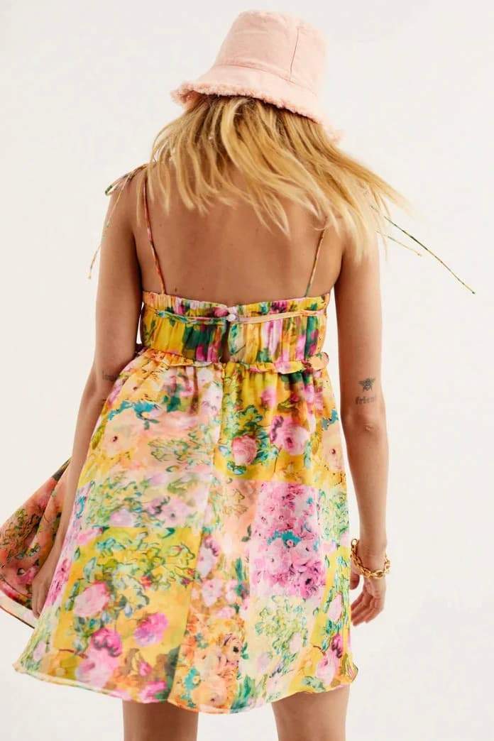 Floral Tie Strap Square Neck Babydoll Flowy Mini Summer Dress
