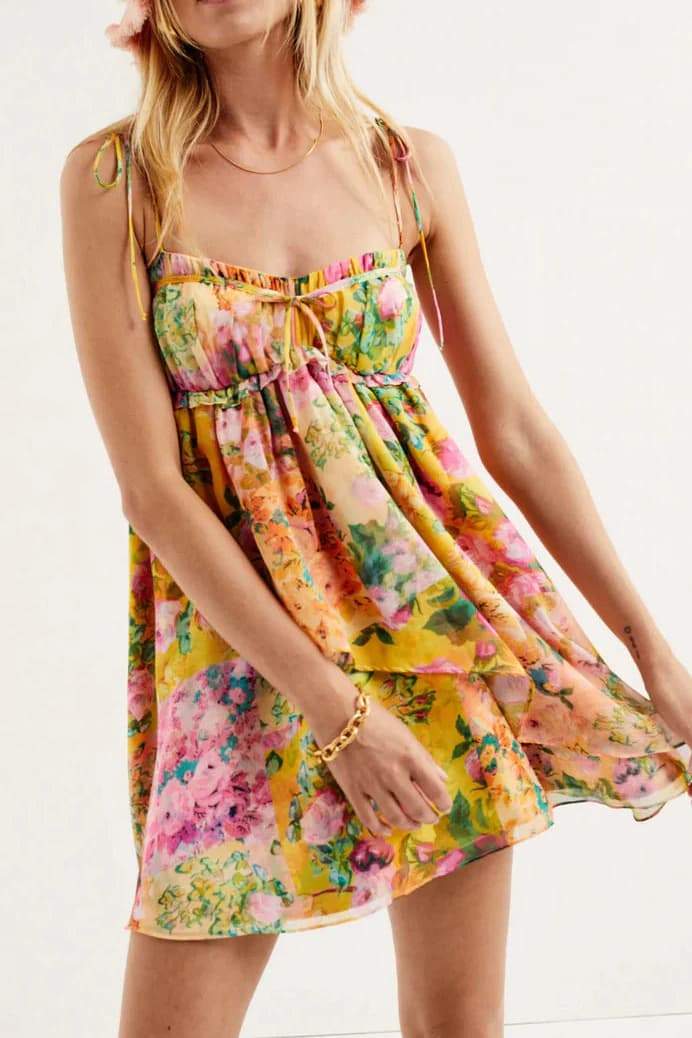 Floral Tie Strap Square Neck Babydoll Flowy Mini Summer Dress