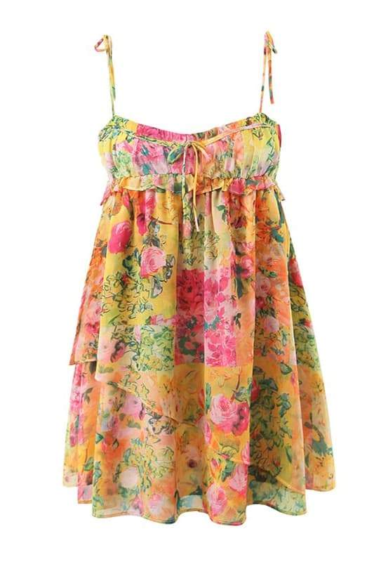 Floral Tie Strap Square Neck Babydoll Flowy Mini Summer Dress