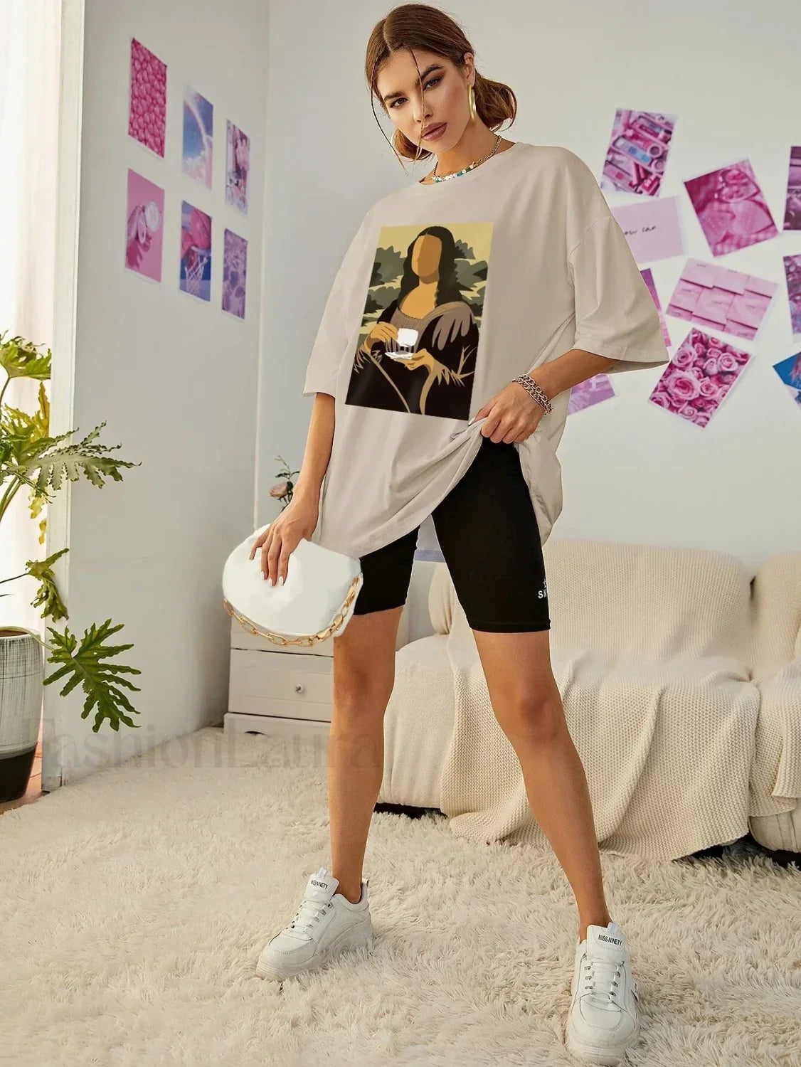 Mona Lisa Drinking Coffee Casual Hip Hop T-Shirt