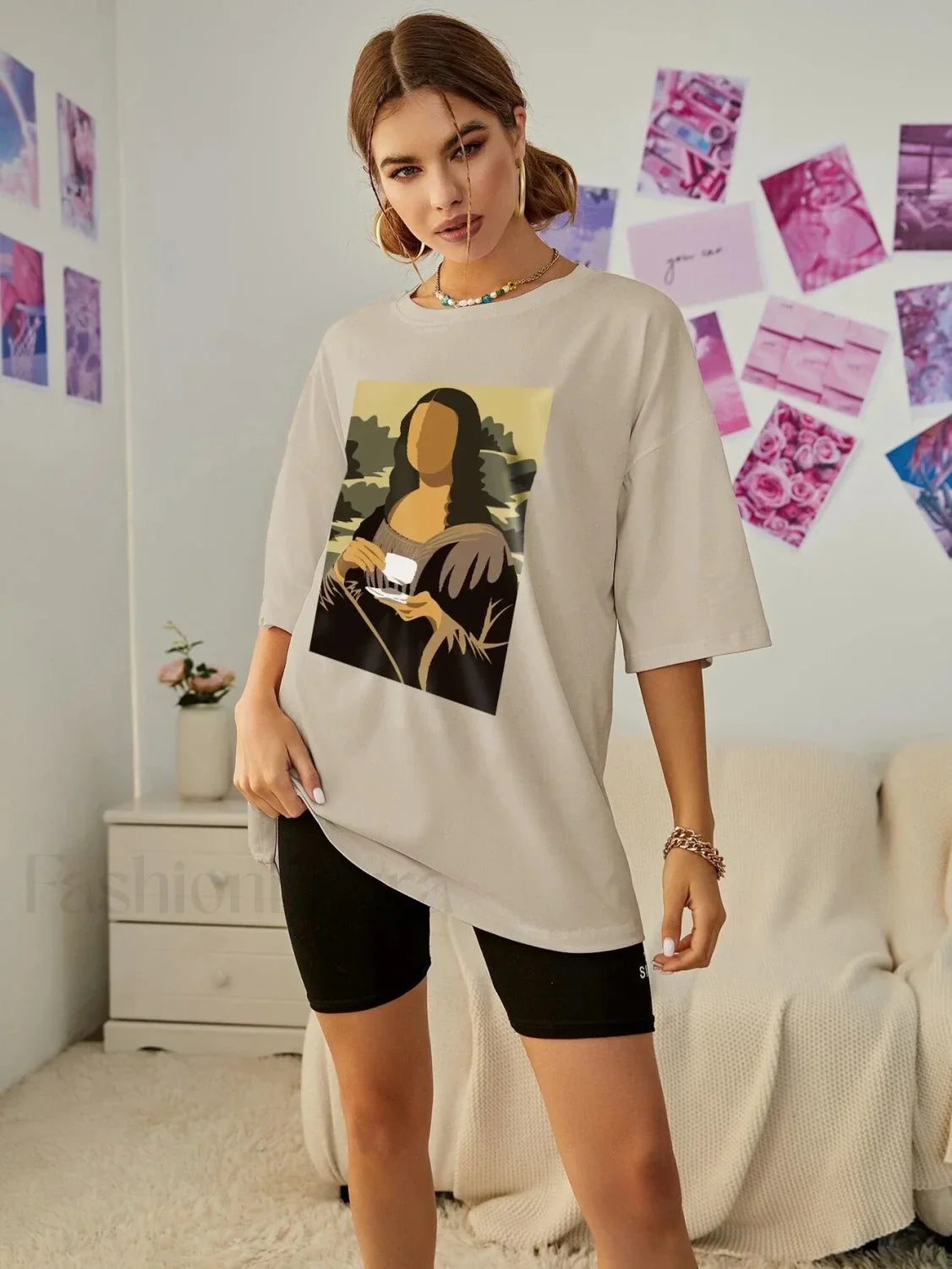 Mona Lisa Drinking Coffee Casual Hip Hop T-Shirt
