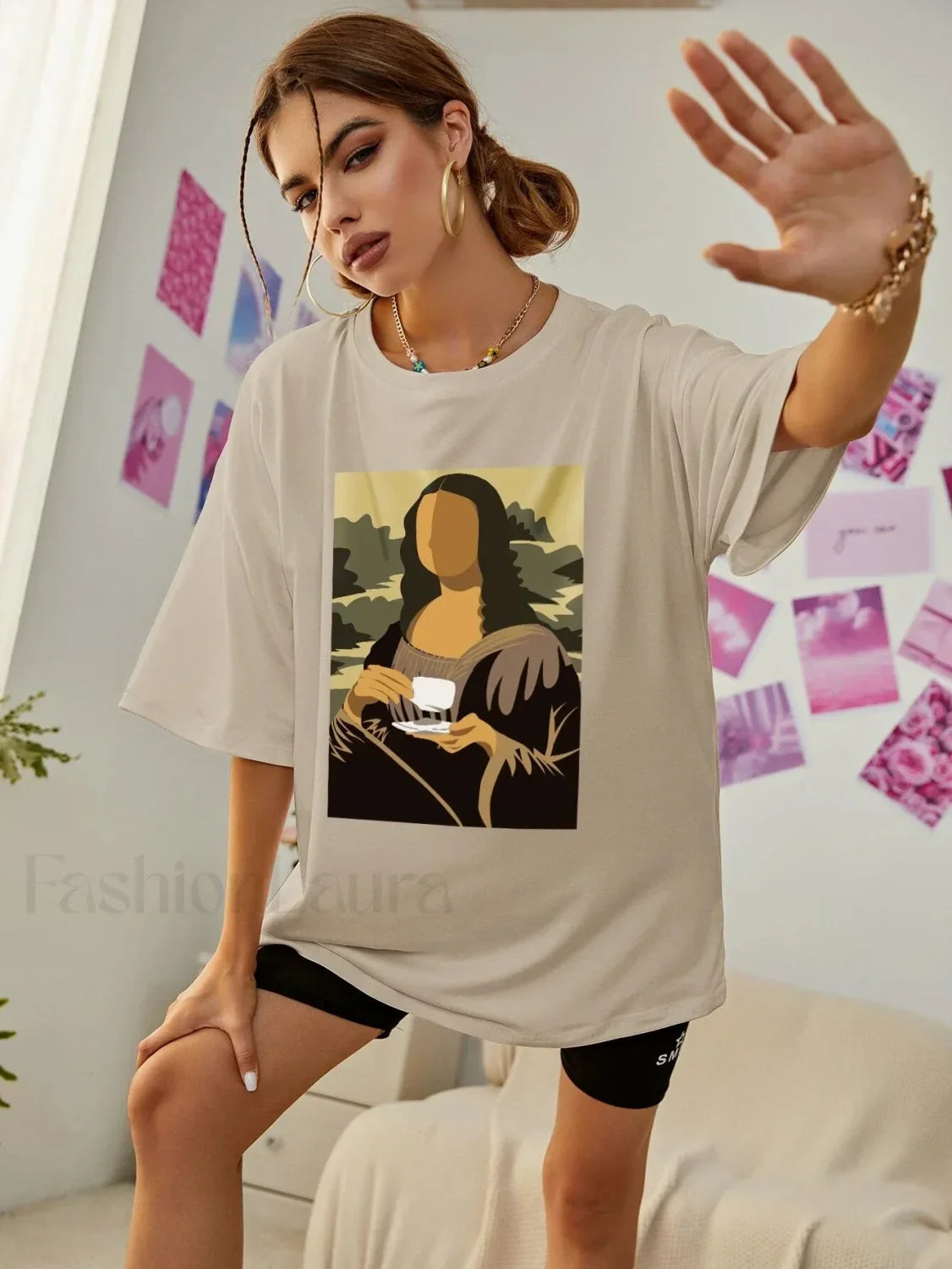 Mona Lisa Drinking Coffee Casual Hip Hop T-Shirt
