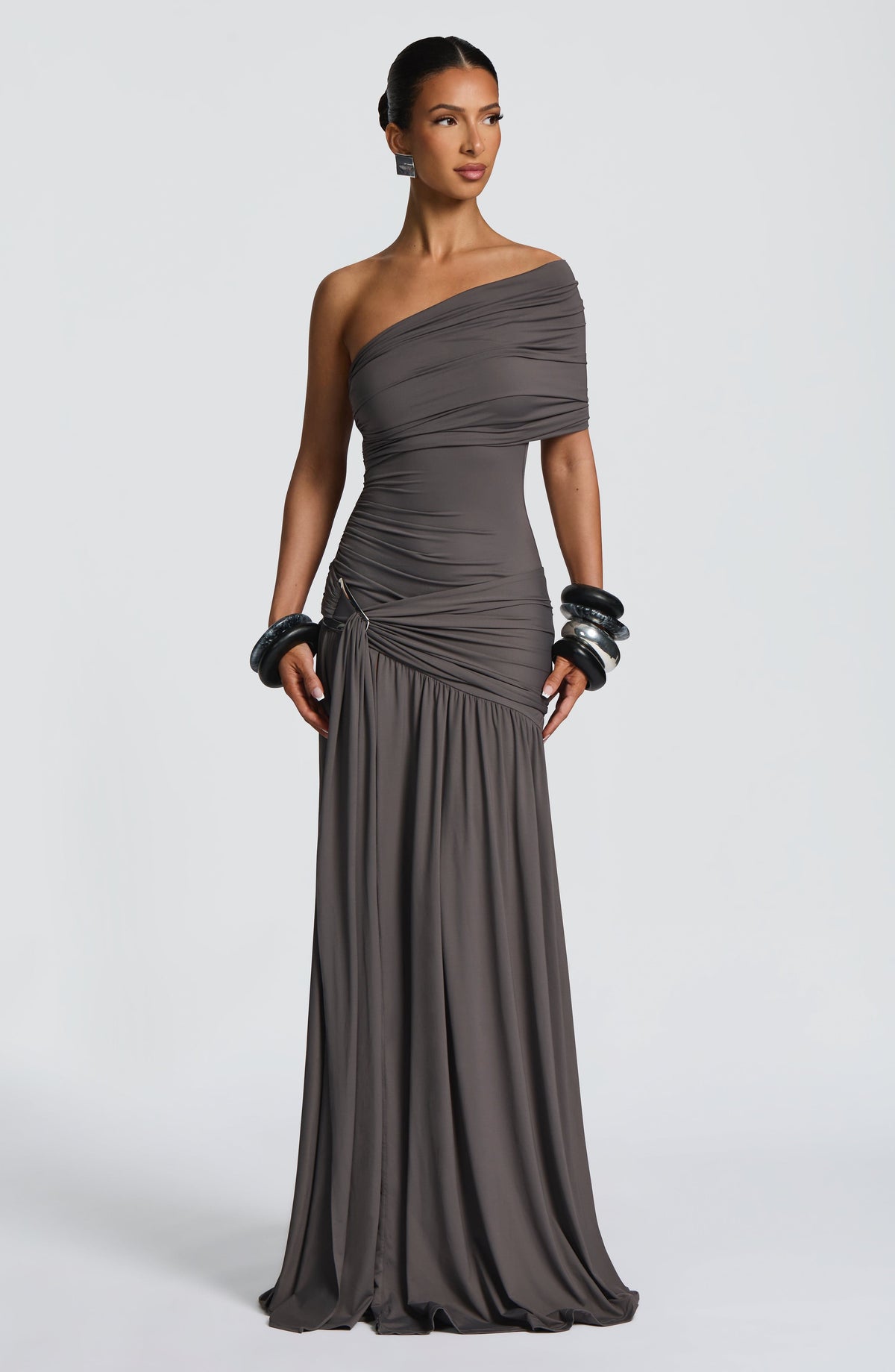 One Shoulder Ruched Asymmetric Waist High Split Maxi Dress 9