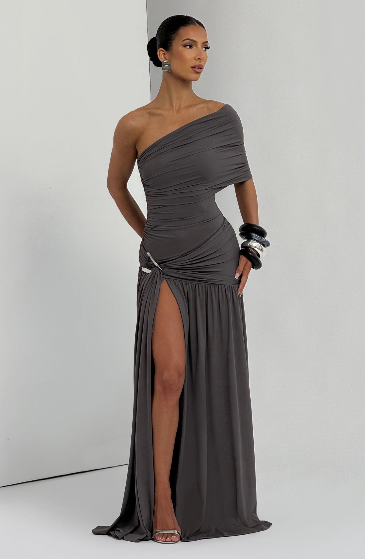 One Shoulder Ruched Asymmetric Waist High Split Maxi Dress 6