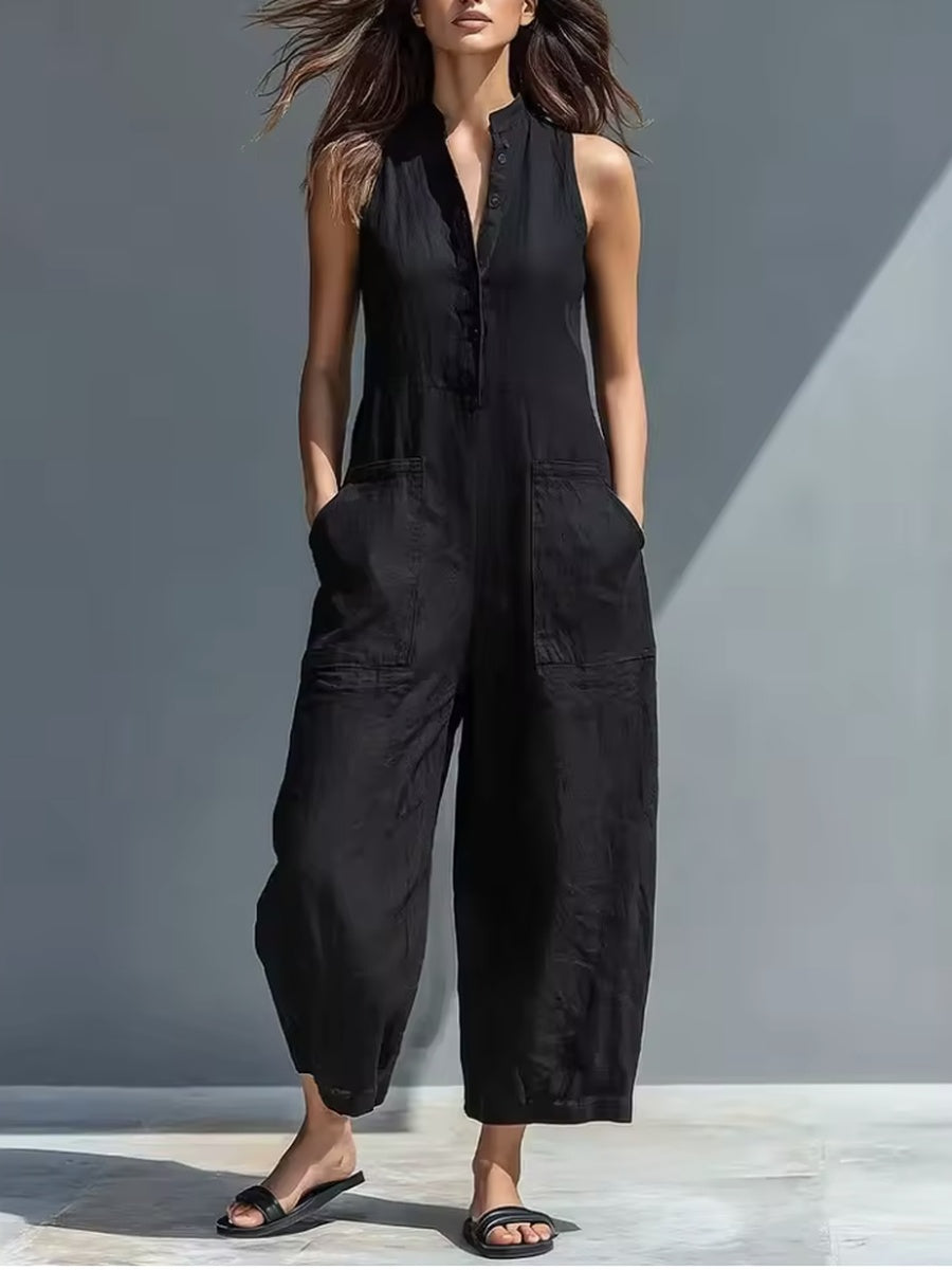 Sleeveless Button Front Wide Leg Jumpsuit