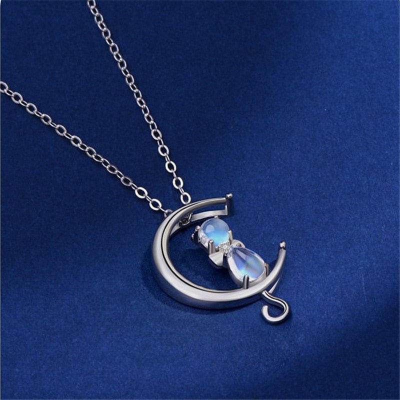 Moonstone Cat and Crescent Moon Pendant Necklace