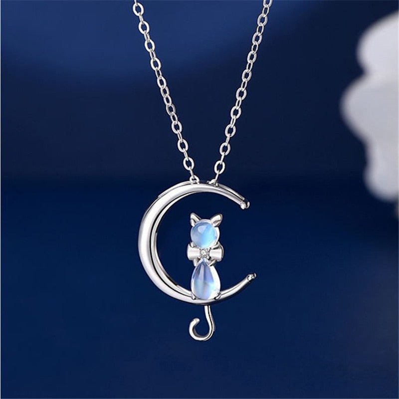 Moonstone Cat and Crescent Moon Pendant Necklace
