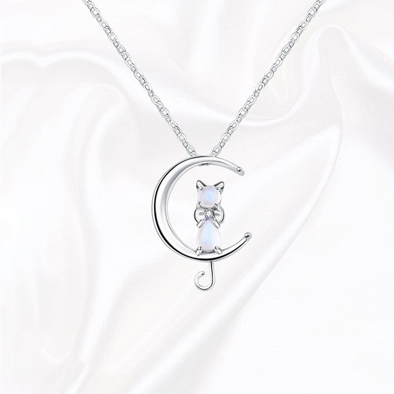 Moonstone Cat and Crescent Moon Pendant Necklace