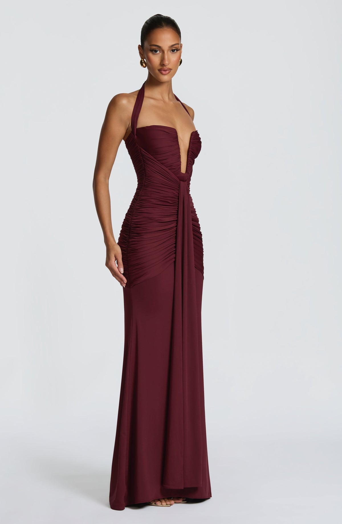 Halter Plunge Neck Ruched Bodice Drape Front Maxi Gown 4