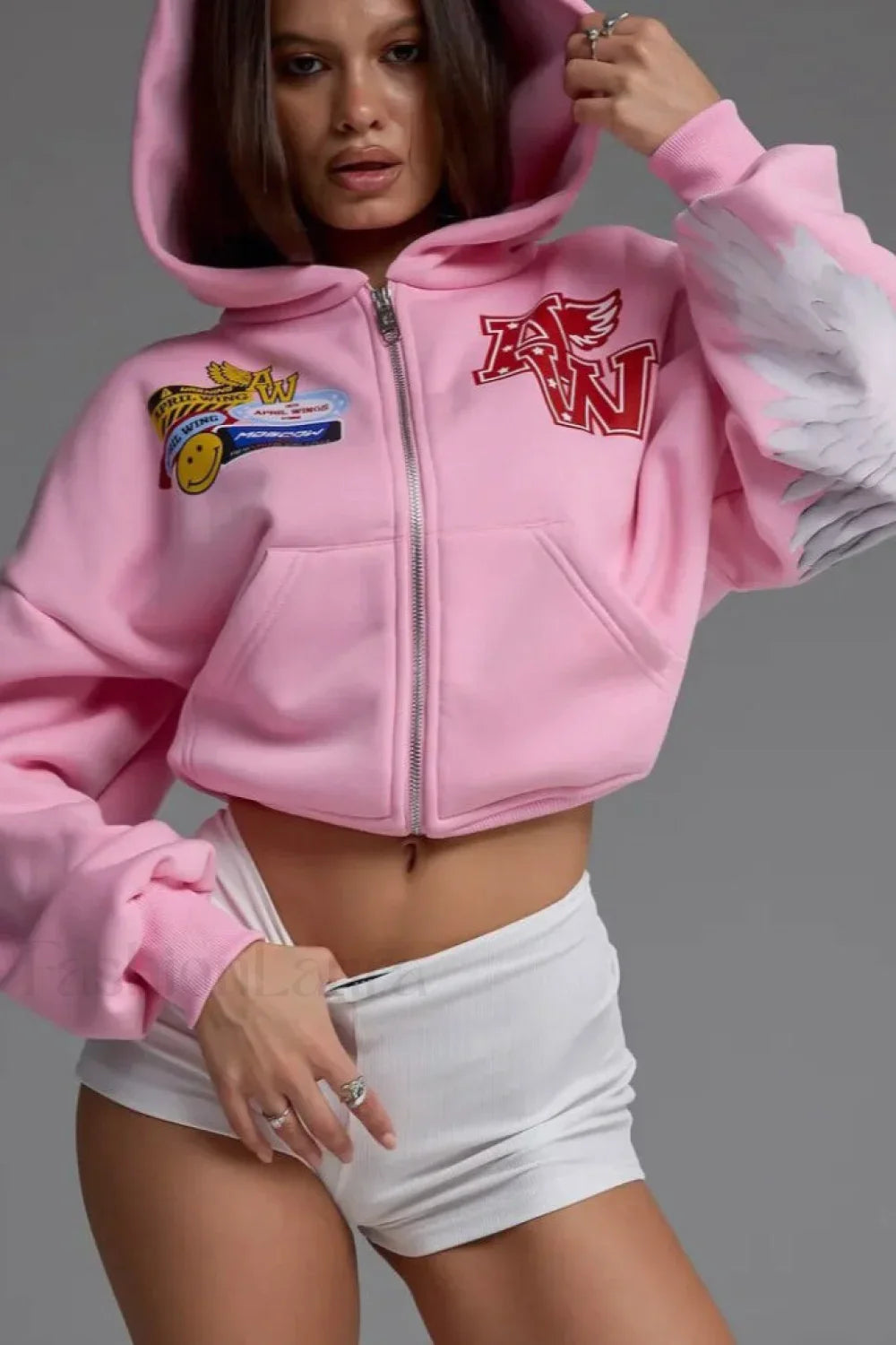 Motorcycle Print Zip-Up Hoodie Pink / S