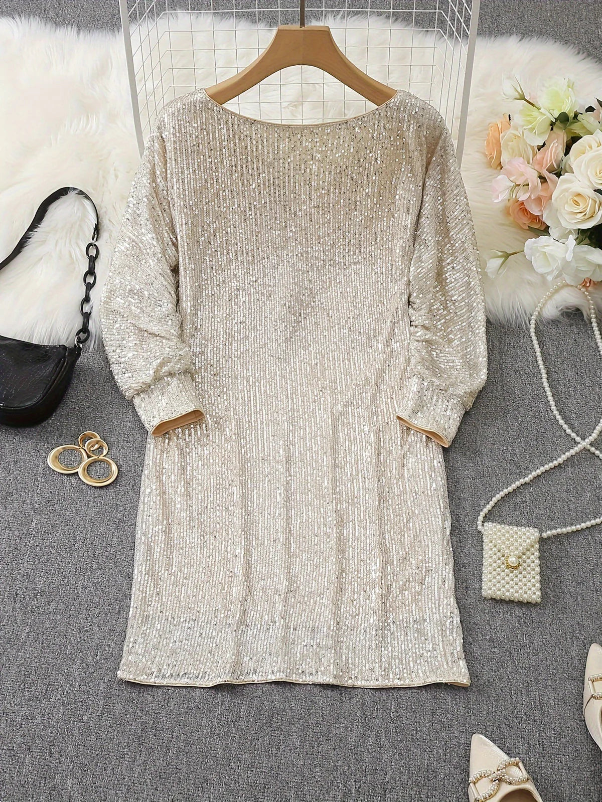 Sequin Off Shoulder Batwing Sleeve Mini Dress
