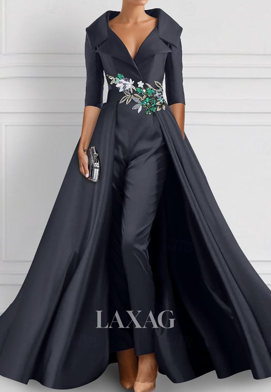V-Neck Half-Sleeves Pleated Formal Gowns Sequined Embroidered Mermaid Wedding Guest Dress