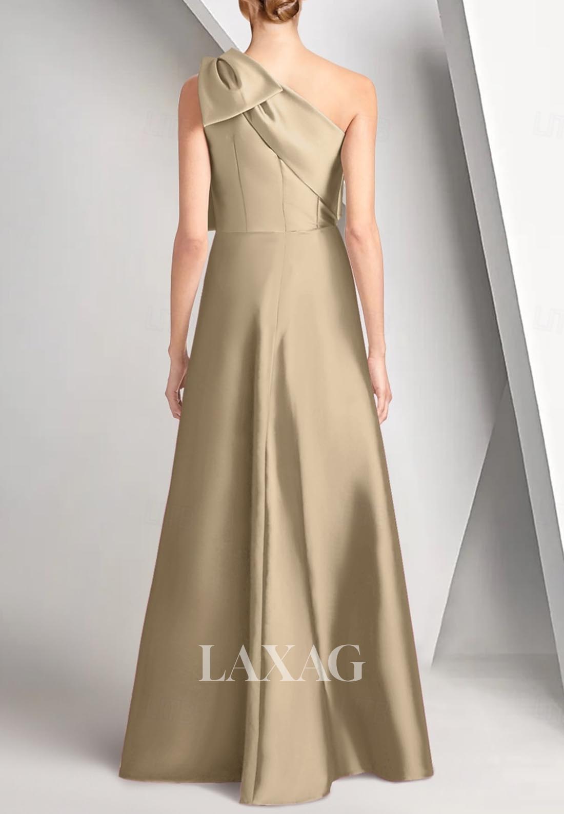 Asymmetrical-Neck Sleeveless Mermaid Evening Dress One-Shoulder Satin Formal Gowns with Bow