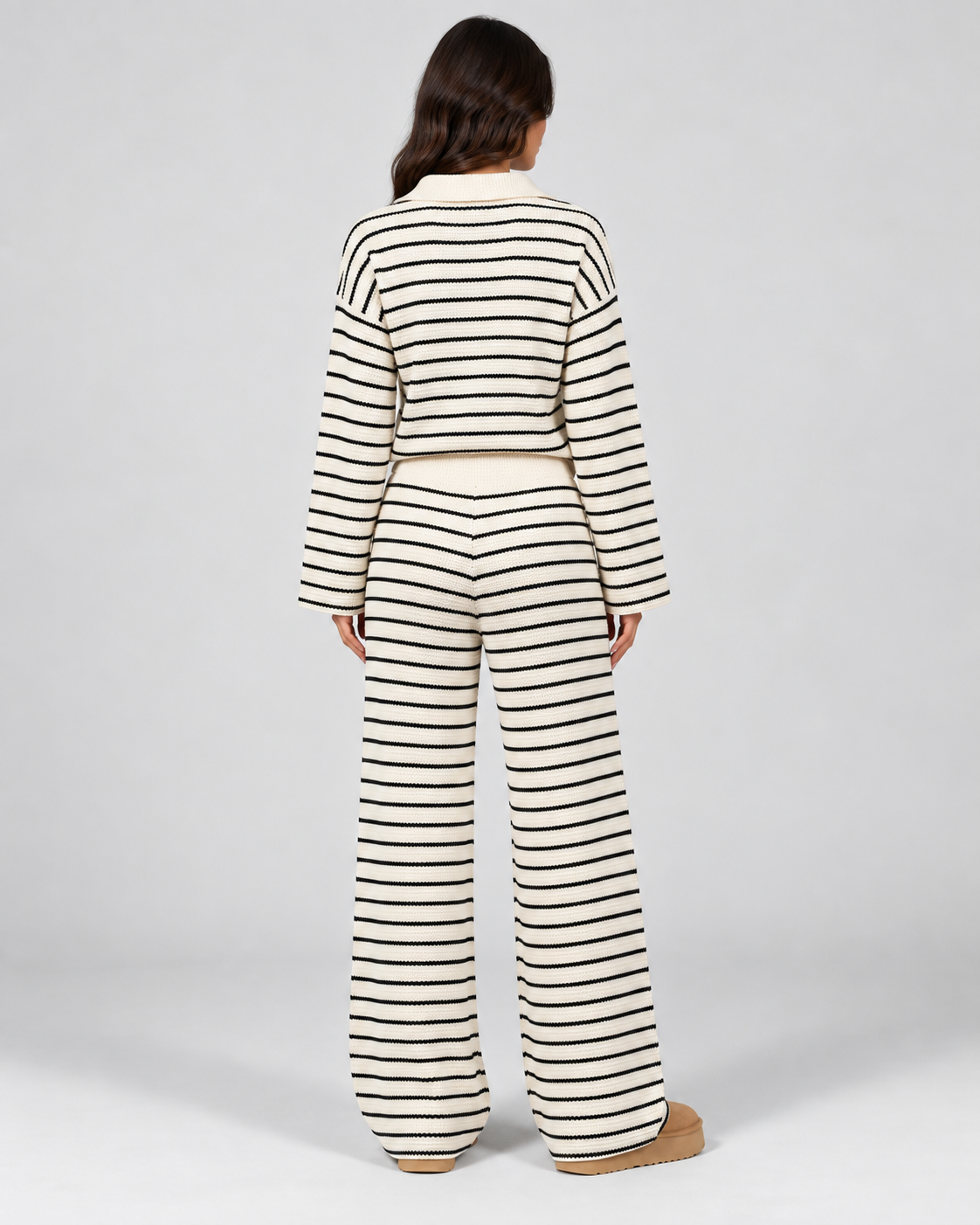 Striped Knit Polo Top and Wide Leg Pants Two Piece Set