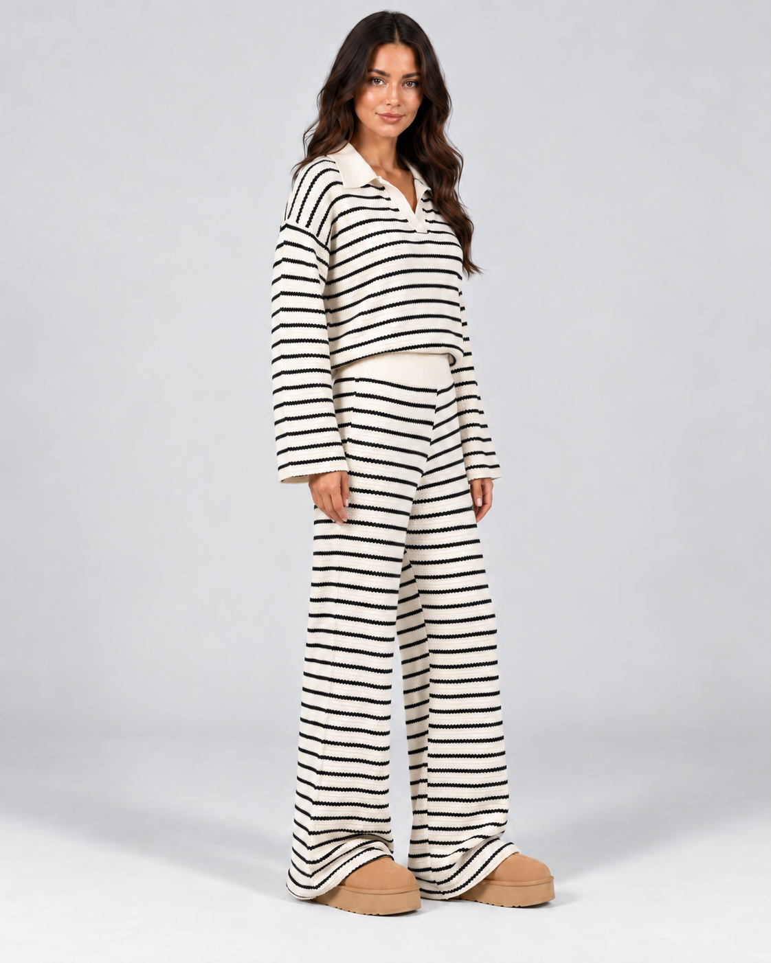 Striped Knit Polo Top and Wide Leg Pants Two Piece Set
