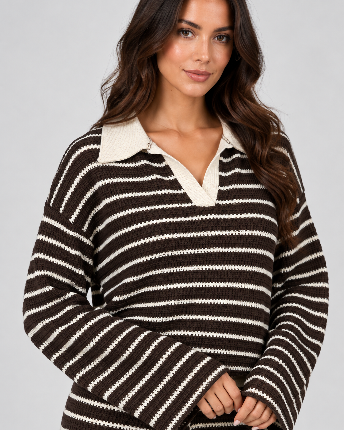 Striped Knit Polo Top and Wide Leg Pants Two Piece Set