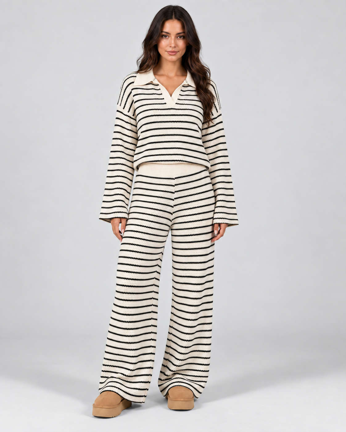 Striped Knit Polo Top and Wide Leg Pants Two Piece Set