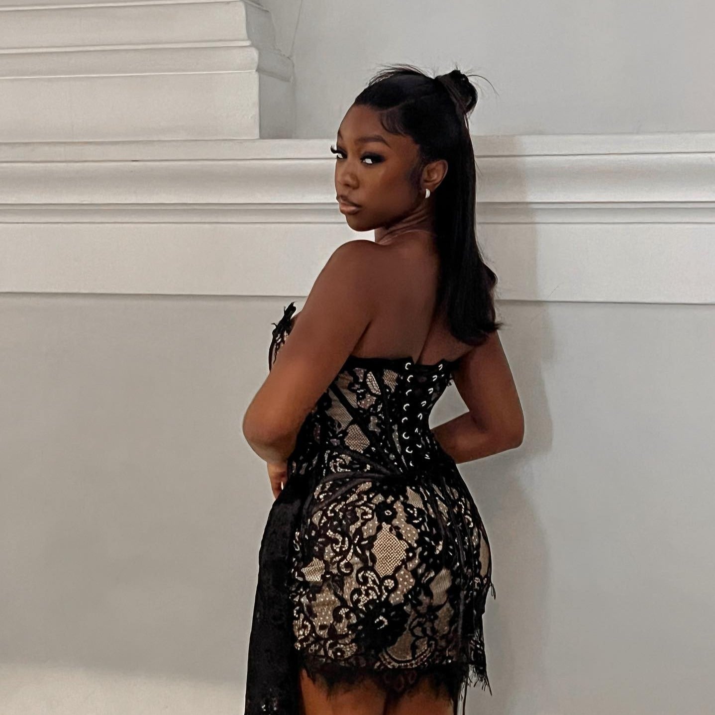 Lace Strapless Corset Draped Mini Dress