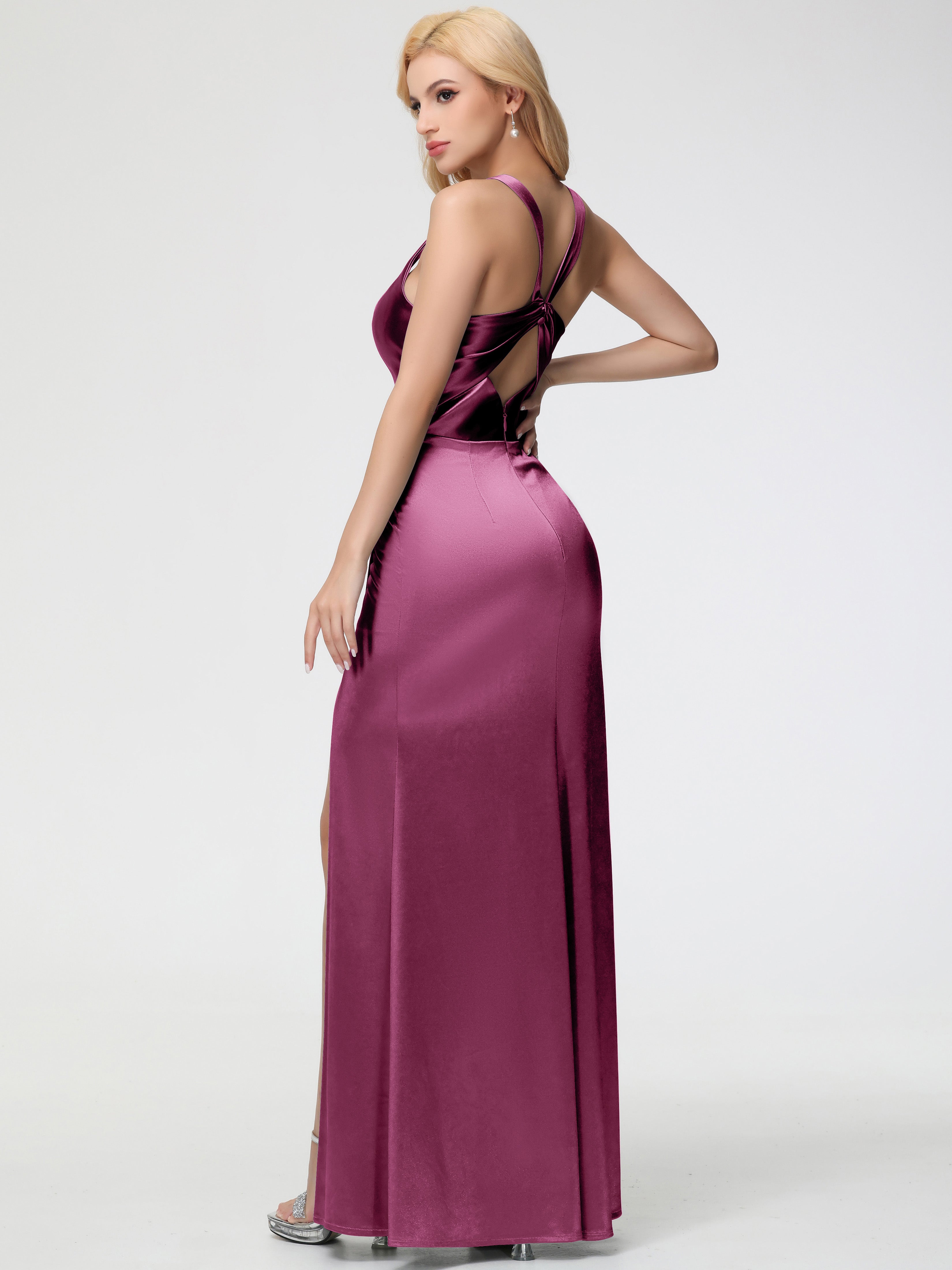 Mulberry Formal Dresses Straps Ruched Floor Length Sheath Formal Dress With Slit