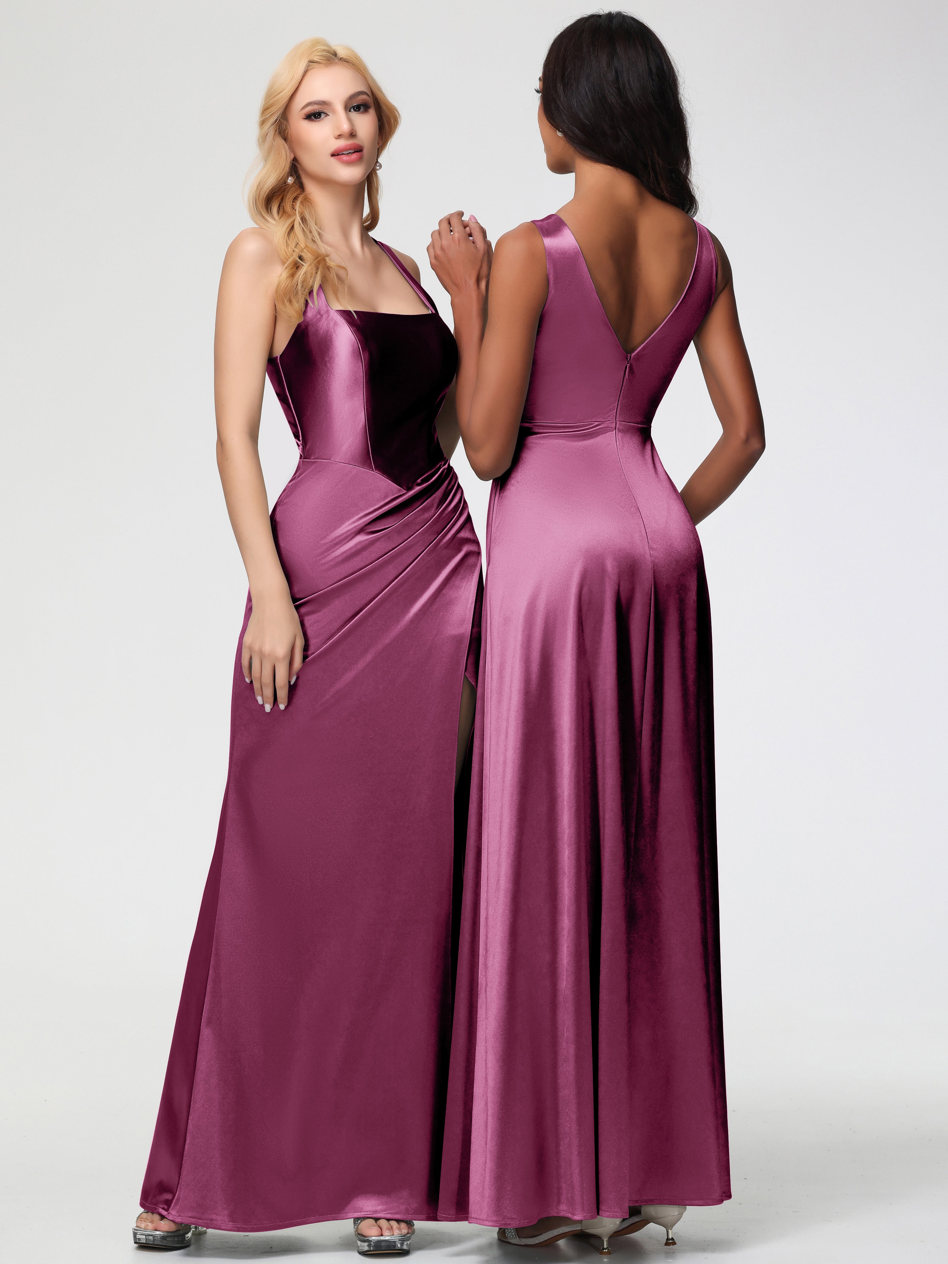 Mulberry Formal Dresses Straps Ruched Floor Length Sheath Formal Dress With Slit