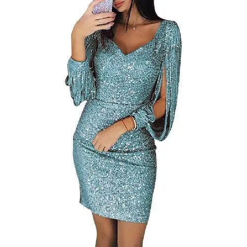 Sequin V-Neck Long Sleeve Fringe Bodycon Mini Dress 4