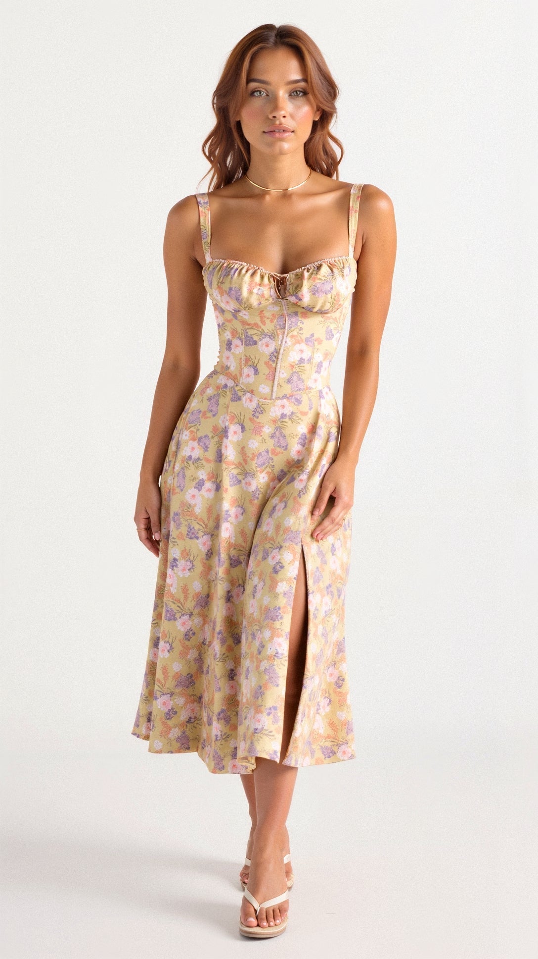 Floral Sweetheart Corset High Split Midi Dress