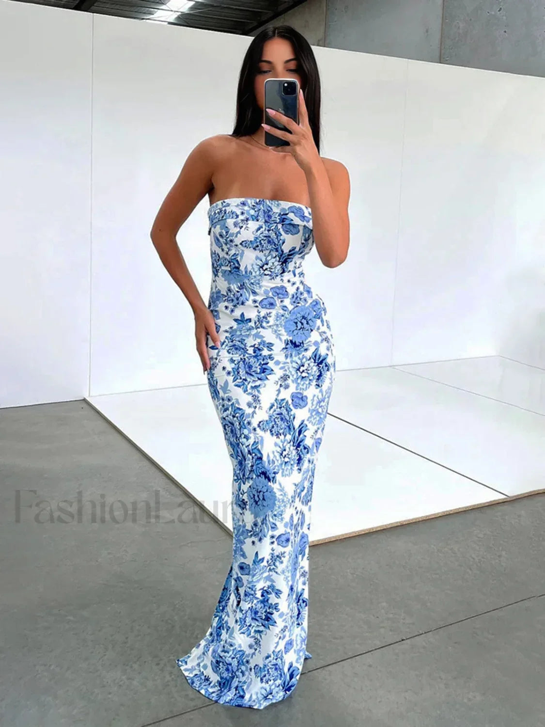 Multi Floral Split Long Dress Blue / XS Dresses