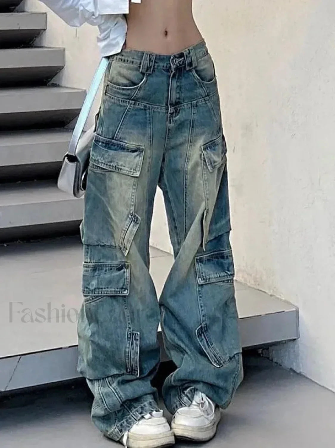 Multi Pocket Splice Trendy Baggy Cargo Jeans Picture Color / 3XL women clothing