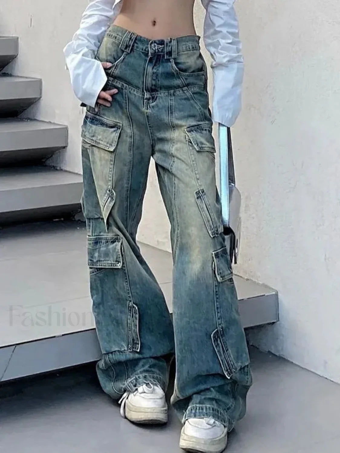 Multi Pocket Splice Trendy Baggy Cargo Jeans