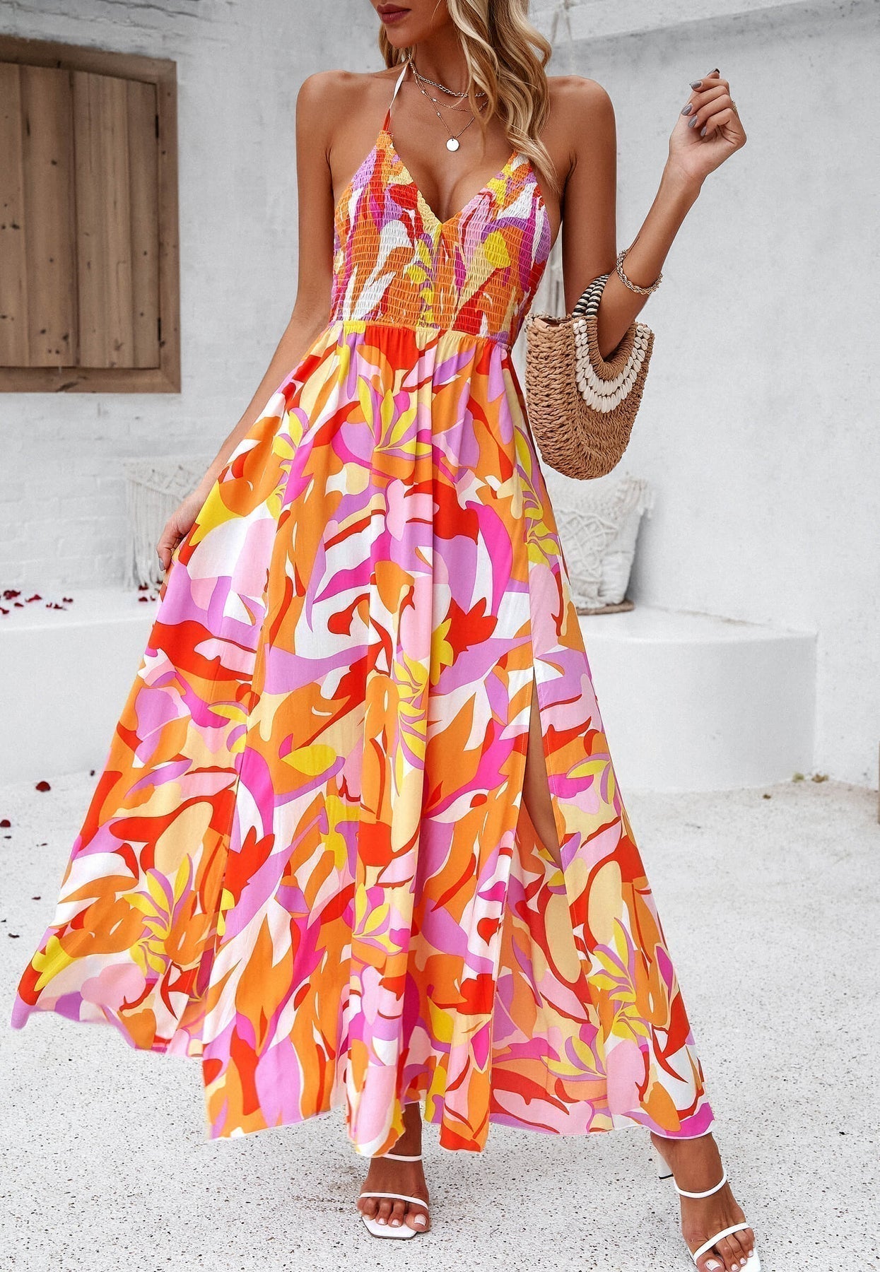 Halter Neck V-Neck Smocked Floral High Split Maxi Dress