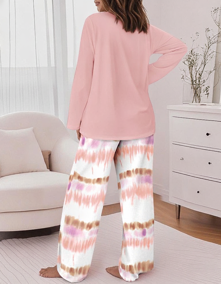Multicolor Pajama Set Soft Long Sleeve Ombre Pants All Day Comfort Polyester Elastane Blend