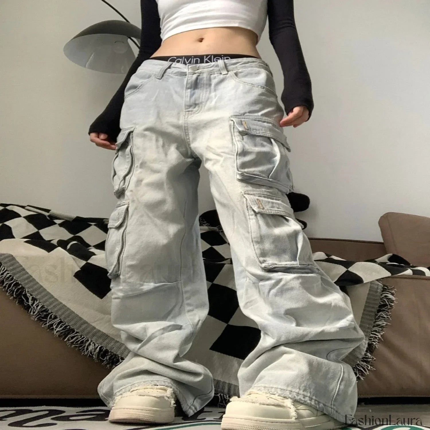 Multiple Pocket Washed Trendy Cargo Boyfriend Jeans